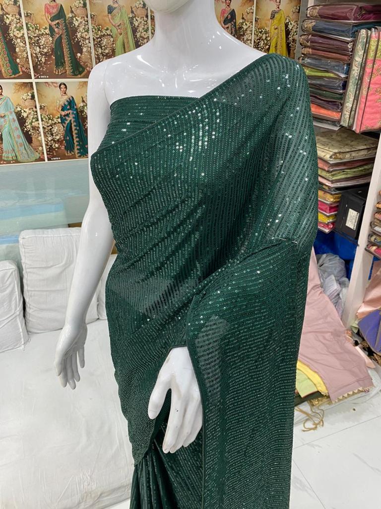 High Quality Green Georgette Sequins Fancy Ladies Sarees Buy Online (FZ)