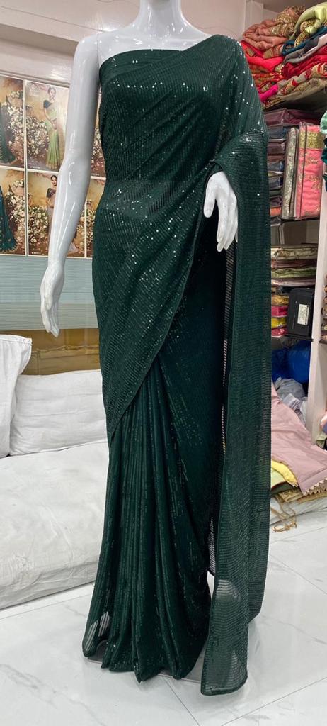 High Quality Green Georgette Sequins Fancy Ladies Sarees Buy Online (FZ)