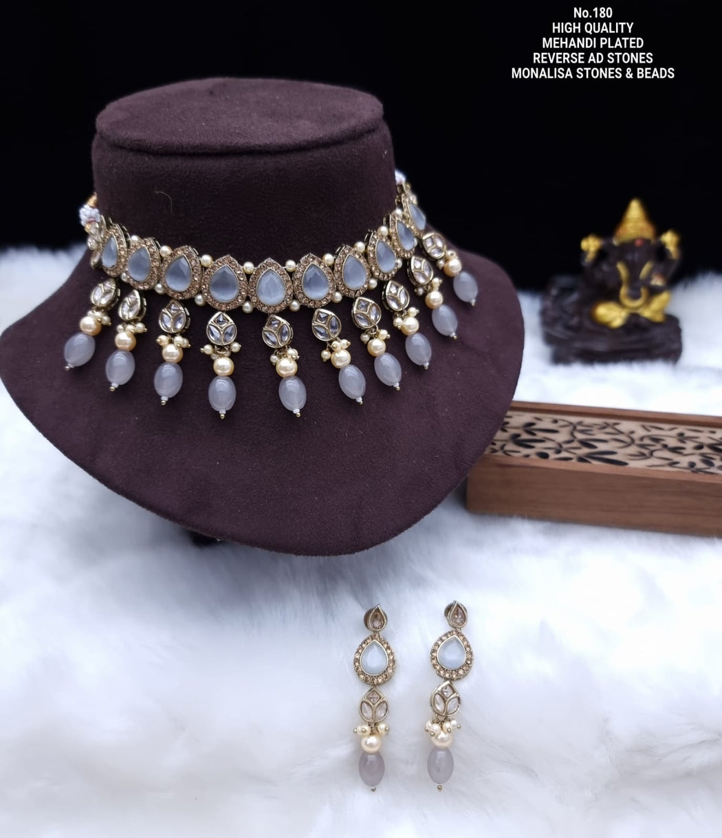 Mehandi Plated Monalisa Stones & Beads Necklace set